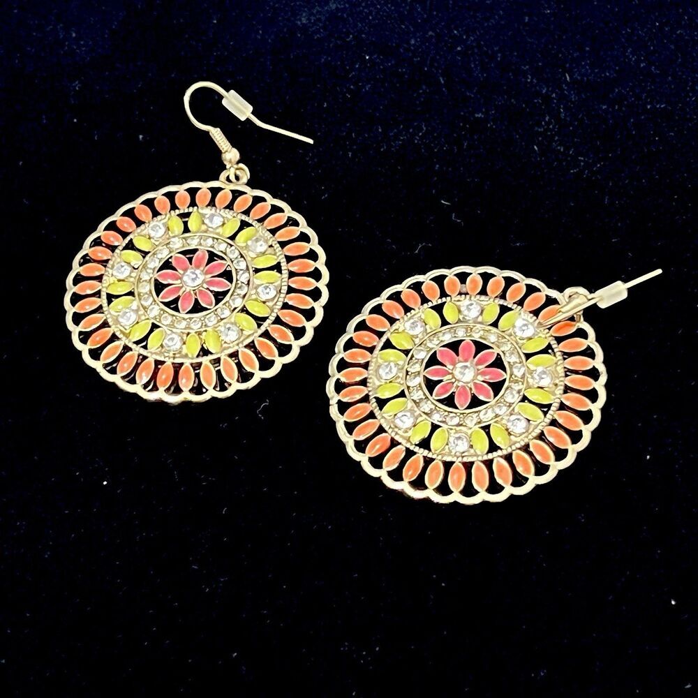 Vintage Dangle Earrings Indian‎ Sunburst Colored Gold Summer Floral Bright - Picture 2 of 6